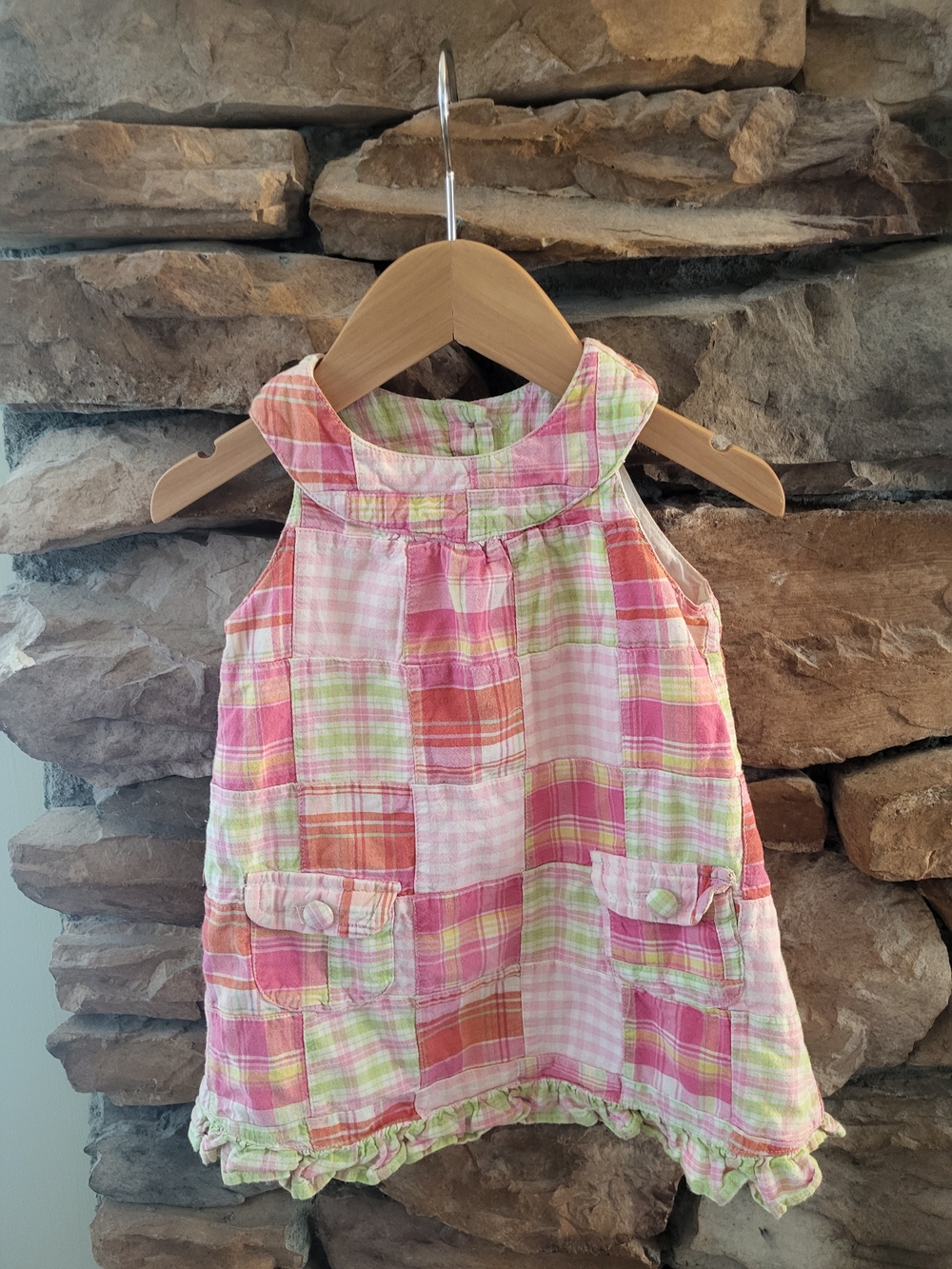 Y2K Plaid Patchwork Sundress - Pink, Green & Peach Pockets 18m